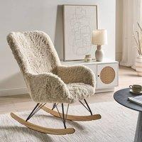 Wyld and Coco Light Beige Faux Fur Rocking Chair - Rubberwood Legs with Skates