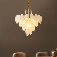 Wyld and Coco 60cm Brass Chandelier Pendant Frosted Glass Leaves and Pearl Beaded in Bronze