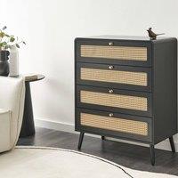 Wyld and Coco Black 4-Drawer Chest with Rattan Front and Pine Legs