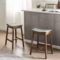 Wyld and Coco Pair of Rubberwood Bar Stools Green Upholstered 63cm