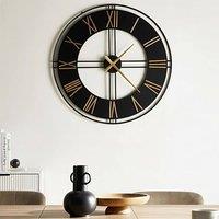 Wyld and Coco Industrial Wall Clock Matte Black Iron with Gold Roman Numerals