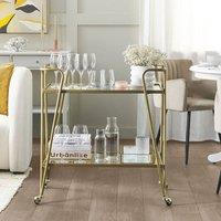 Wyld and Coco Gold Metal and Glass Kitchen Trolley Braked Wheels Two Tempered Glass