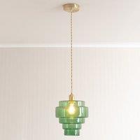 ValueLights Lane Glass 5 Tier Shade Brushed Gold Single Ceiling Pendant Light in Bright Green