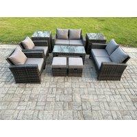 Fimous 8 Seater Dark Grey Mixed High Back Rattan Sofa Set Coffee Table Garden Furniture Outdoor Patio With Love Sofa Chairs 2 Small Footstools