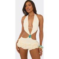 EGO Women's Sleeveless Halter Neck Cut Out Micro Playsuit in Natural | Size: 16