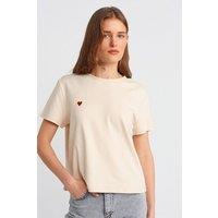 Dilvin Women's Cotton Crew Neck T-Shirt With Embroidery in Cream | Size: Large