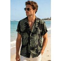 Lovii Men's Men Fern Print Short Sleeve Summer Beach Shirt Black | Size: Medium