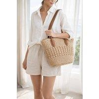 SVNX Women's Single Shoulder Striped Straw Bag in Beige