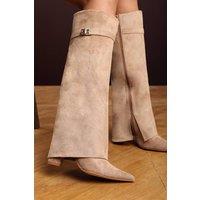 Where's That From Women's Keira Fold Over Shark Block Heel Pointed Toe Boots in Camel | Size: 4