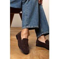 Where's That From Women's Charleigh Wide Fit Girl's School Shoe Ruched Detail Flat Penny Loafers in Dark Brown | Size: 6-Wide Fit