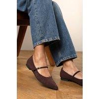 Where's That From Women's Novalee Wide Fit Girl's School Shoe Pointed Toe Mary Jane Front Strap Ballet Flats in Dark Brown | Size: 5-Wide Fit