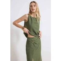WOVCOR Women's 2-Piece Sleeveless Blouse & Buckle Detail Maxi Skirt Co-Ord Set in Khaki | Size: 8