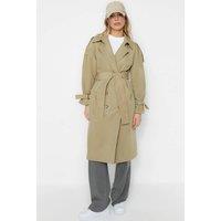 WOVCOR Women's Oversize Belted Water Resistant Long Trench Coat in Khaki | Size: 4