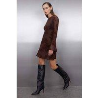 WOVCOR Women's Floral Flocked Sheer Mini Dress in Brown | Size: Medium