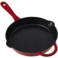 Living and Home Enamel Cast Iron Skillet Frying Pan with Oil Spout in Red