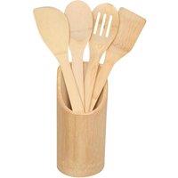 Dyzi 5 Piece Bamboo Wooden Kitchen Utensil Set with Holder 30cm in Brown