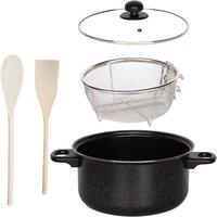Almineez 5pc Black Non Stick Chip Pan Set Fryer Deep Fat Frying Basket Pot W Glass Lid 2l