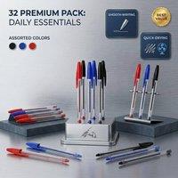 Bed Time UK 32 Pack Ballpoint Pens Black Blue Red Quick Dry Office School