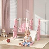 AIYAPLAY 4 in 1 Kids Slide & Swing Set with Climber, Basketball Hoop, Pink