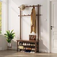 YQJJGL Hall Tree with 2-Tier Shelves Hooks Walnut 80cm Solid Wood Coat Rack | Size: 800mm