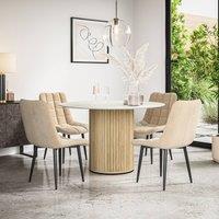 More4Homes Arlo White Marble Table Top W Oak Legs + Nova Velvet Dining Chair Set Of 6 in Beige