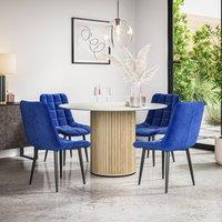 More4Homes Arlo White Marble Table Top W Oak Legs + Nova Velvet Dining Chair Set Of 6 in Blue