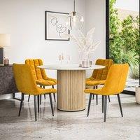 More4Homes Arlo White Marble Table Top W Oak Legs + Nova Velvet Dining Chair Set Of 6 in Mustard