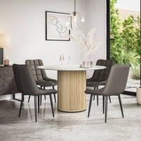 More4Homes Arlo White Marble Table Top W Oak Legs + Nova Faux Leather Dining Chair Set Of 6 in Grey
