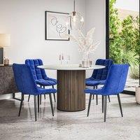 More4Homes Arlo White Marble Top W Walnut Leg + Nova Velvet Dining Chair Set Of 4 in Blue