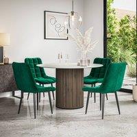 More4Homes Arlo White Marble Top W Walnut Leg + Nova Velvet Dining Chair Set Of 4 in Green