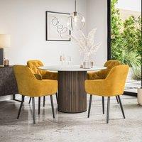 More4Homes Arlo White Marble Table Top W Walnut Leg + Anika Velvet Dining Chair 4 in Mustard
