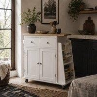 Wyld Haus Mobile Kitchen Island with Rubberwood Top, Drawers, Cabinet, Spice Rack & Lockable Wheels in White