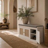 Wyld Haus White Wooden Shoe Bench with 3 Woven Rattan Doors & Grey Padded Seat