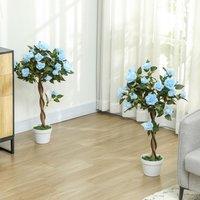 OUTSUNNY Set of 2 90cm Artificial Rose Tree, Fake Decorative Plant in Blue