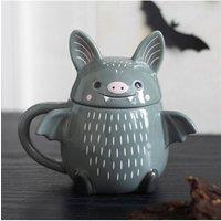 KDMD Cute Bat Shaped Lidded Ceramic Mug for Halloween Drinks in Dark Grey