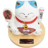 KDMD Blue Solar Moving Money Cat on Wooden Base with Bell in White