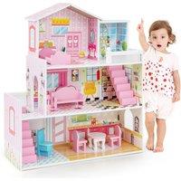Costway Wooden Dollhouse Playset 3-Floor Family Play House W/ 5 Simulated Rooms