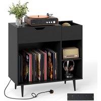 Gymax Turntable Record Player Stand Vinyl Cabinet With Built-In Power Strip in Black