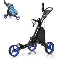 Gymax Golf Push Cart 3-Wheel Quick Folding Golf Bag Holder Golf Club Trolley in Blue
