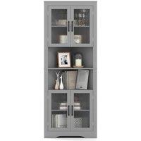 Costway 6-Tier Corner Storage Cabinet 170cm Tall Corner Hutch w/ 4 Glass Doors in Grey