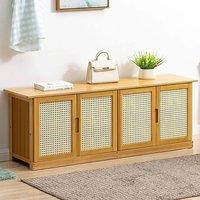 EONLION Shoe Bench Cabinet with Rattan Doors, Wooden Storage Seat in Light Oak | Size: 100 cm
