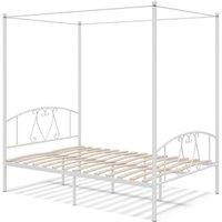FLAVORA 4-Poster Metal Canopy Double Bed with Wood Slats in White | Size: Cot