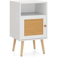 FORGEVIO Bedroom Bedside Table with Storage PE Rattan Decorated Door-White in White