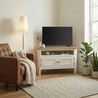 FurnitureboxUK Belle Solid Oak Wood & Cream Corner TV Stand