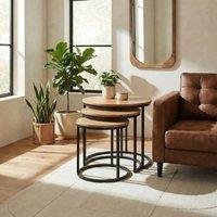 FurnitureboxUK Andes Round Light Oak Wood Set of 3 Nesting Coffee Tables in Light Brown