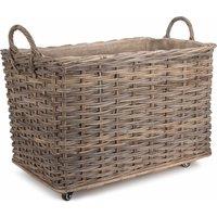 Red Hamper Rattan Large Wheeled Rattan Hessian Lined Log Basket in Grey