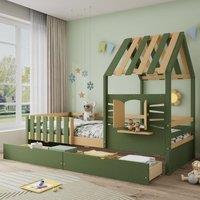 Matteo Wooden Bed, Children's Bed, 3ft single bed MDF + Pinewood + Plywood, Two storage drawers in Green | Size: Single Flat