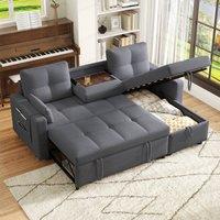 BTM L Shaped Sofa Bed Pull Out Sleeper Storage Cup Holders Sofa in Grey