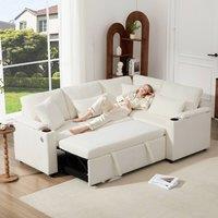 BTM L Shaped Pull Out Sofa Bed Storage USB Cup Holders Sleeper Sofa in White