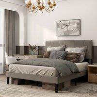 HOMCOM Bed Frame with 5-Level Adjustable Headboard Wooden Slats in Grey | Size: Double